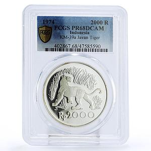 Indonesia 2000 rupiah Conservation Javan Tiger Fauna PR68 PCGS silver coin 1974