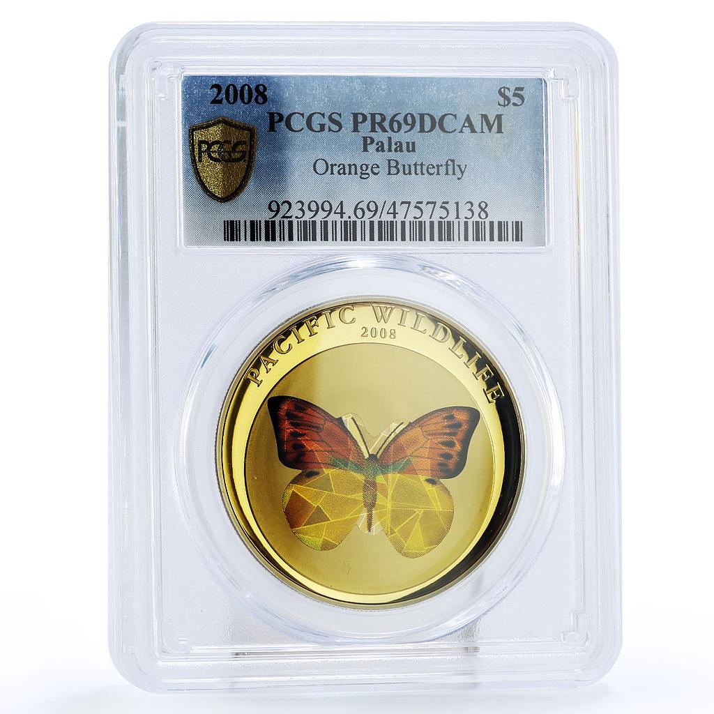 Palau 5 dollars Pacific Wildlife Orange Butterfly Fauna PR69 PCGS Ag coin 2008