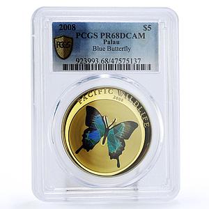 Palau 5 dollars Pacific Wildlife Blue Butterfly Fauna PR68 PCGS Ag coin 2008
