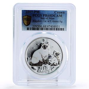 Isle of Man 1 crown Home Pets Ragdoll Cat Kittens Animals PR68 PCGS Ag coin 2007