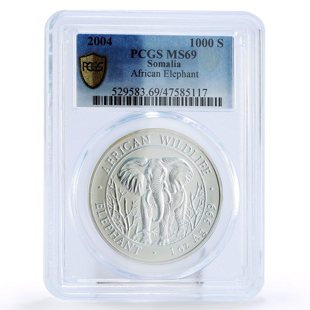 Somalia 1000 shillings African Wildlife Elephant MS69 PCGS silver coin 2004