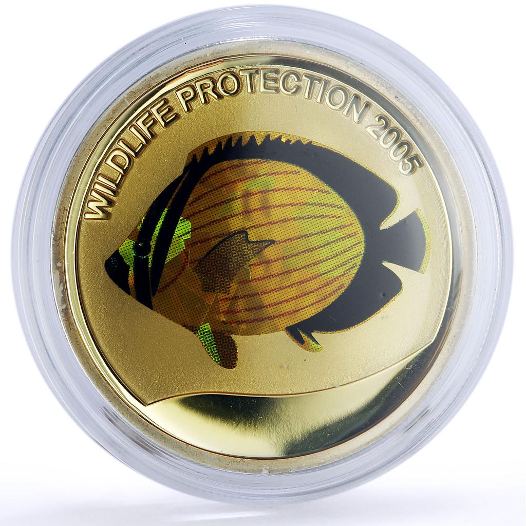 Congo 10 francs Wildlife Protection Yellow Butterfly Fish Fauna silver coin 2005