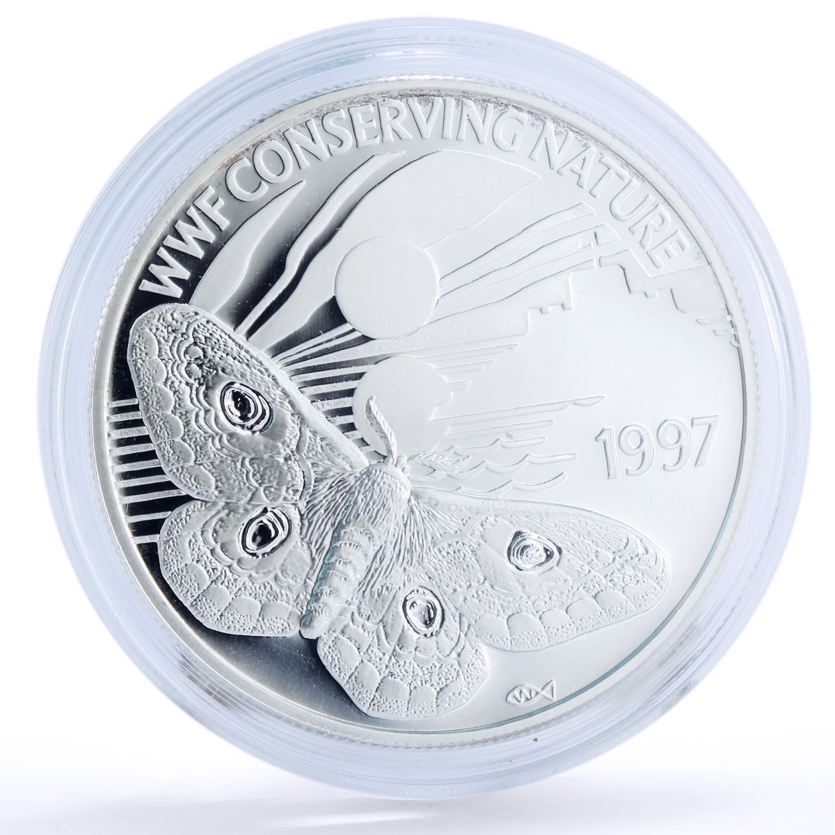 Bailiwick of Guernsey 2 pounds WWF Emperor Moth Butterfly Fauna silver coin 1997