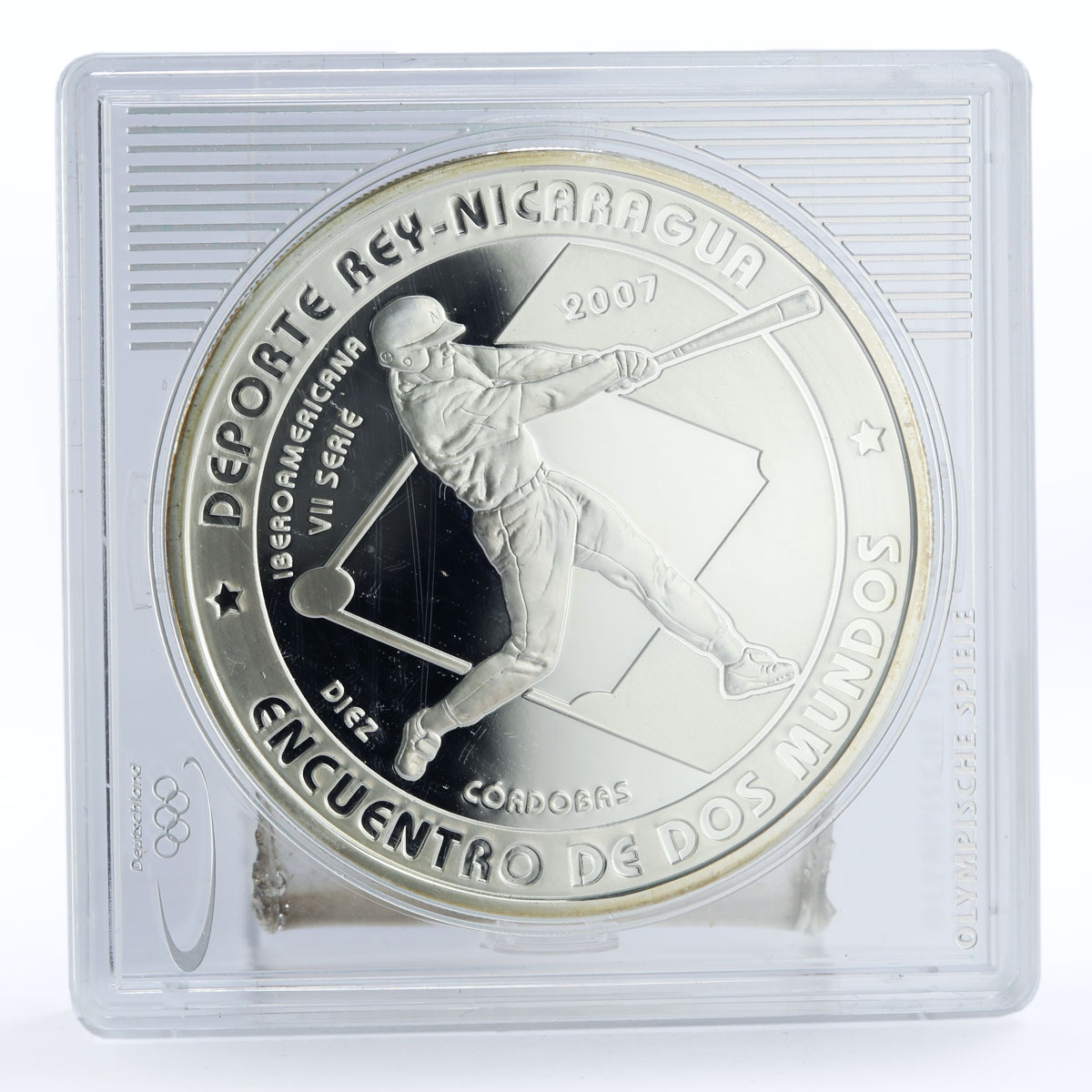 Nicaragua 10 cordobas Beijing Olympic Games Baseball proof silver coin 2007