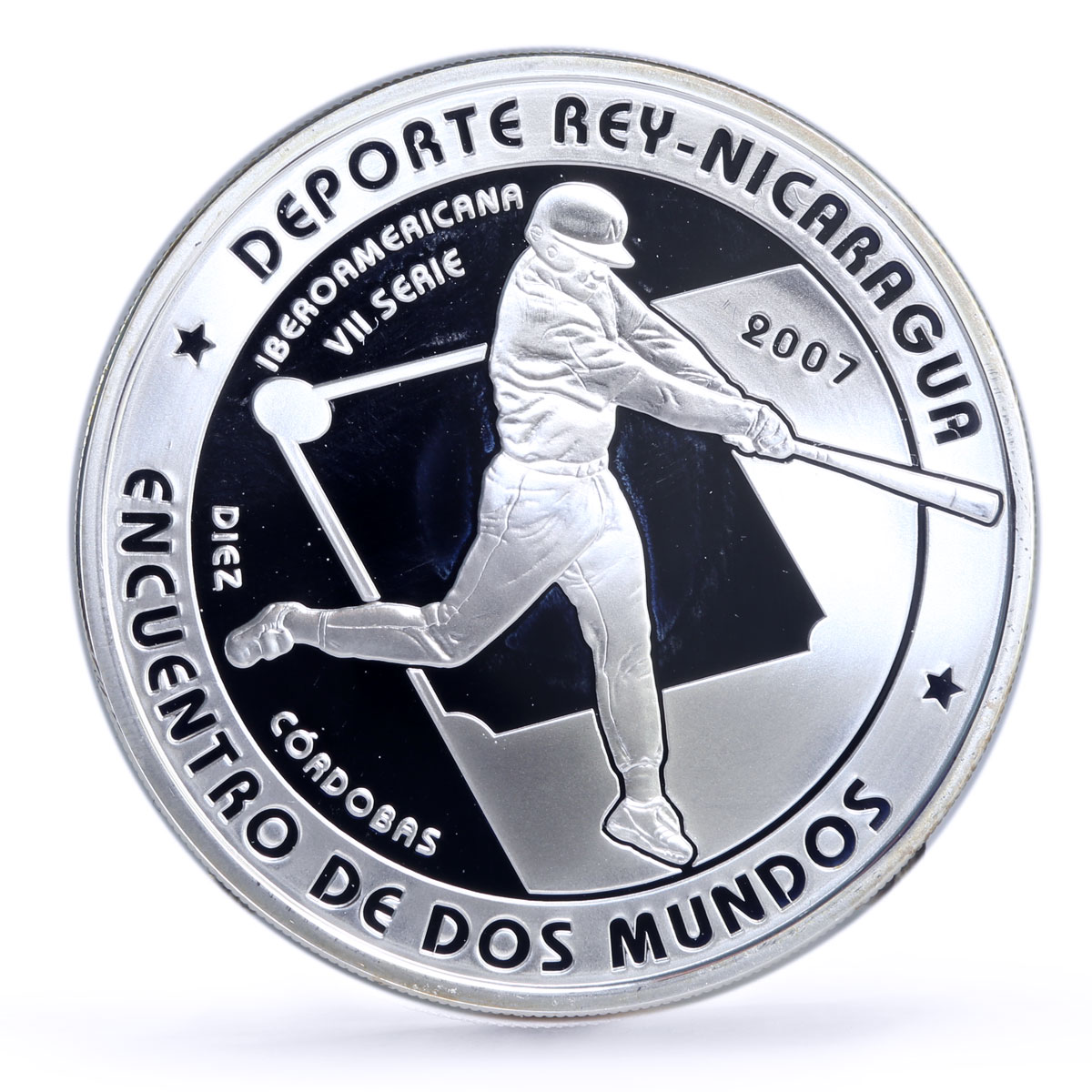 Nicaragua 10 cordobas Beijing Olympic Games Baseball proof silver coin 2007