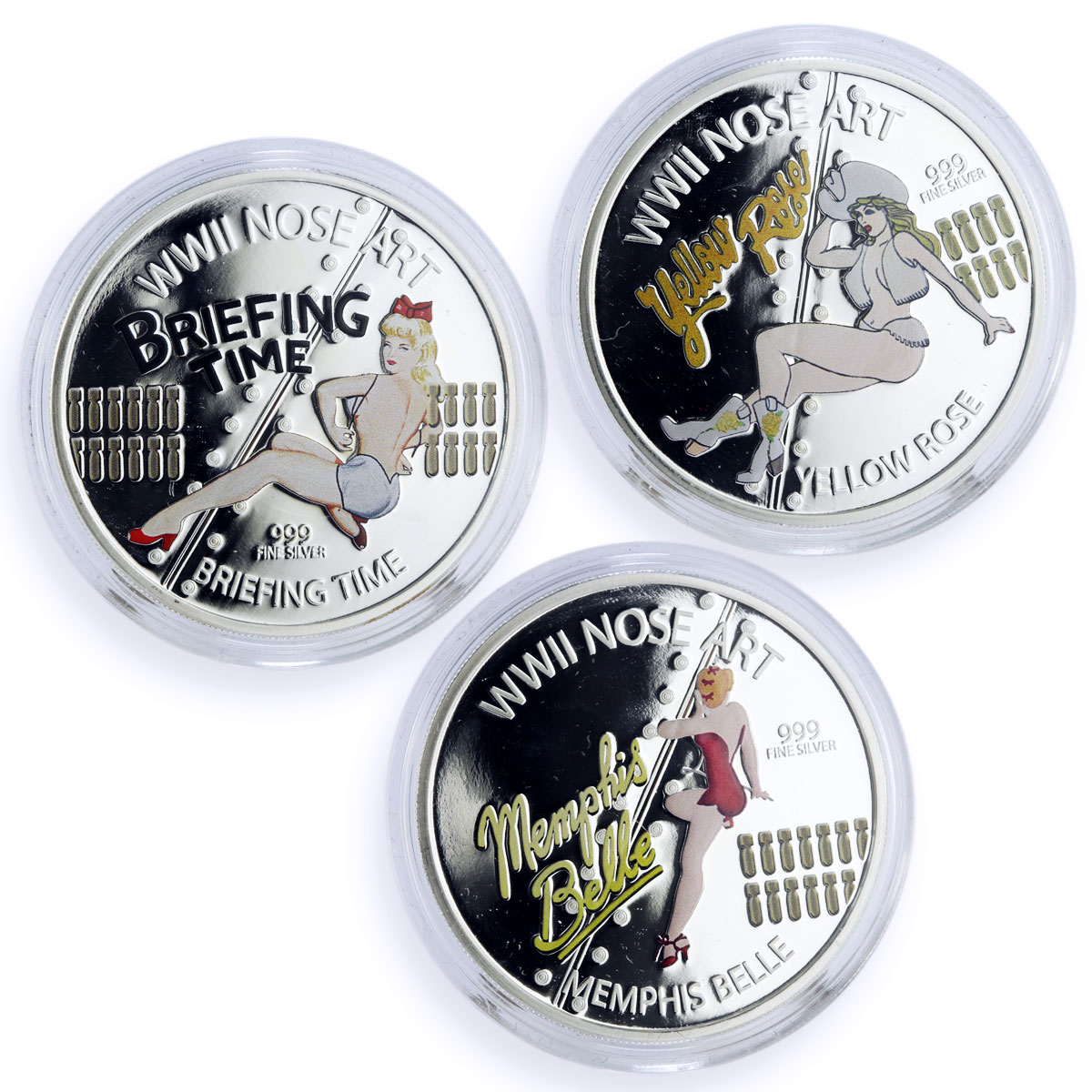 Niue set of 3 coins World War II WWII Nose Art Pin Up colored silver coins 2012