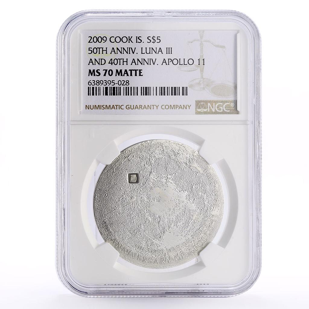 Cook Islands 5 $ Moon Landing Meteorite Apollo 11 Luna III MS70 NGC Ag coin 2009