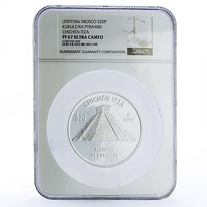 Mexico 20 pesos Chichen Itza El Castillo Kukulcan Pyramid PF67 NGC Ag coin 2007
