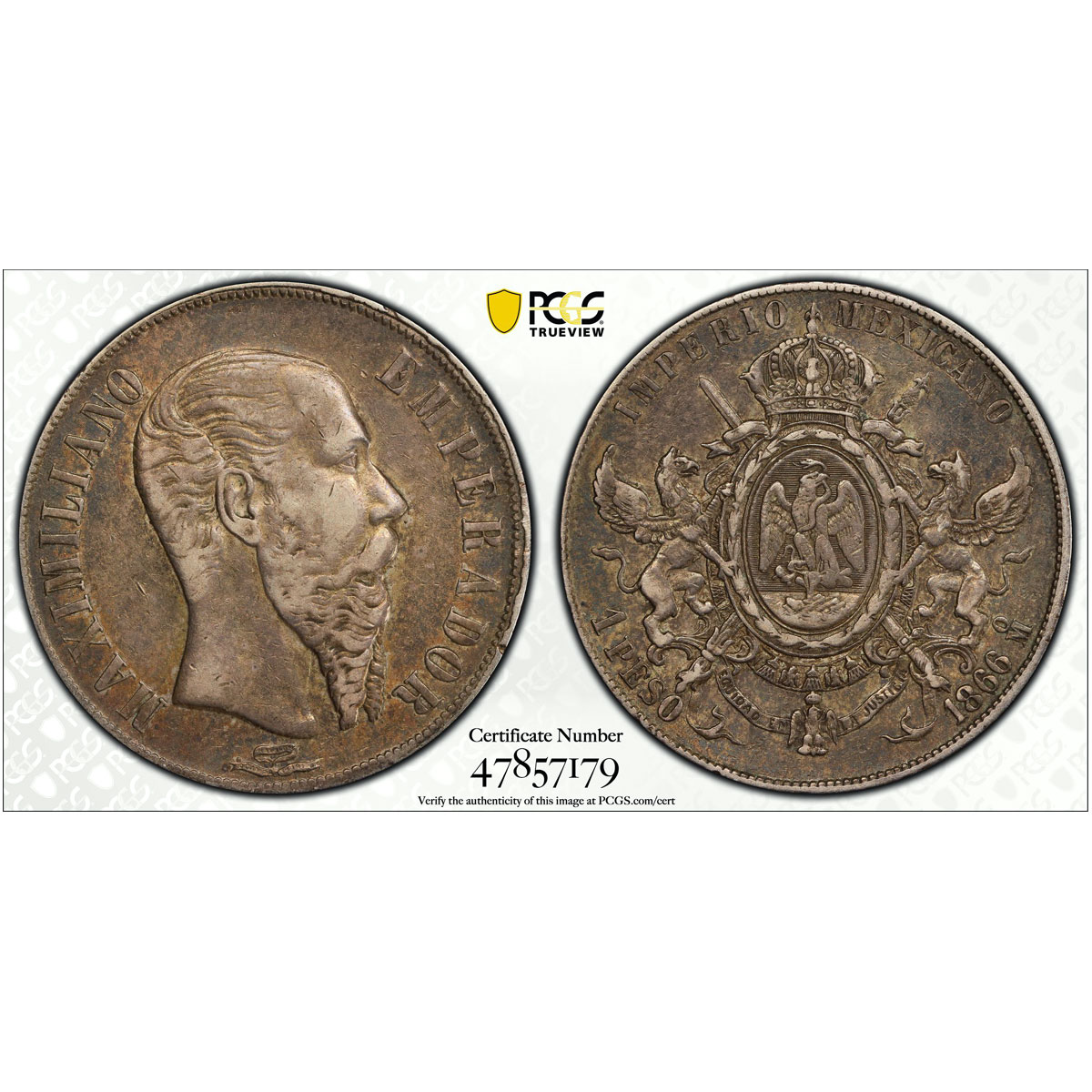 Mexico 1 peso Maximiliano I Coat of Arms XF45 PCGS silver coin 1866