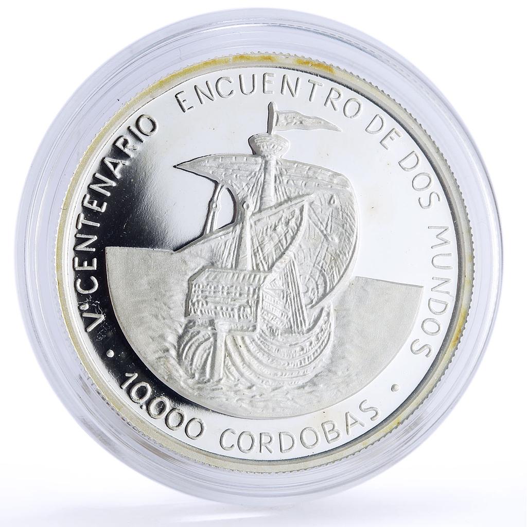 Nicaragua 10000 cordobas Discovers Columbus Ship Clipper proof silver coin 1990