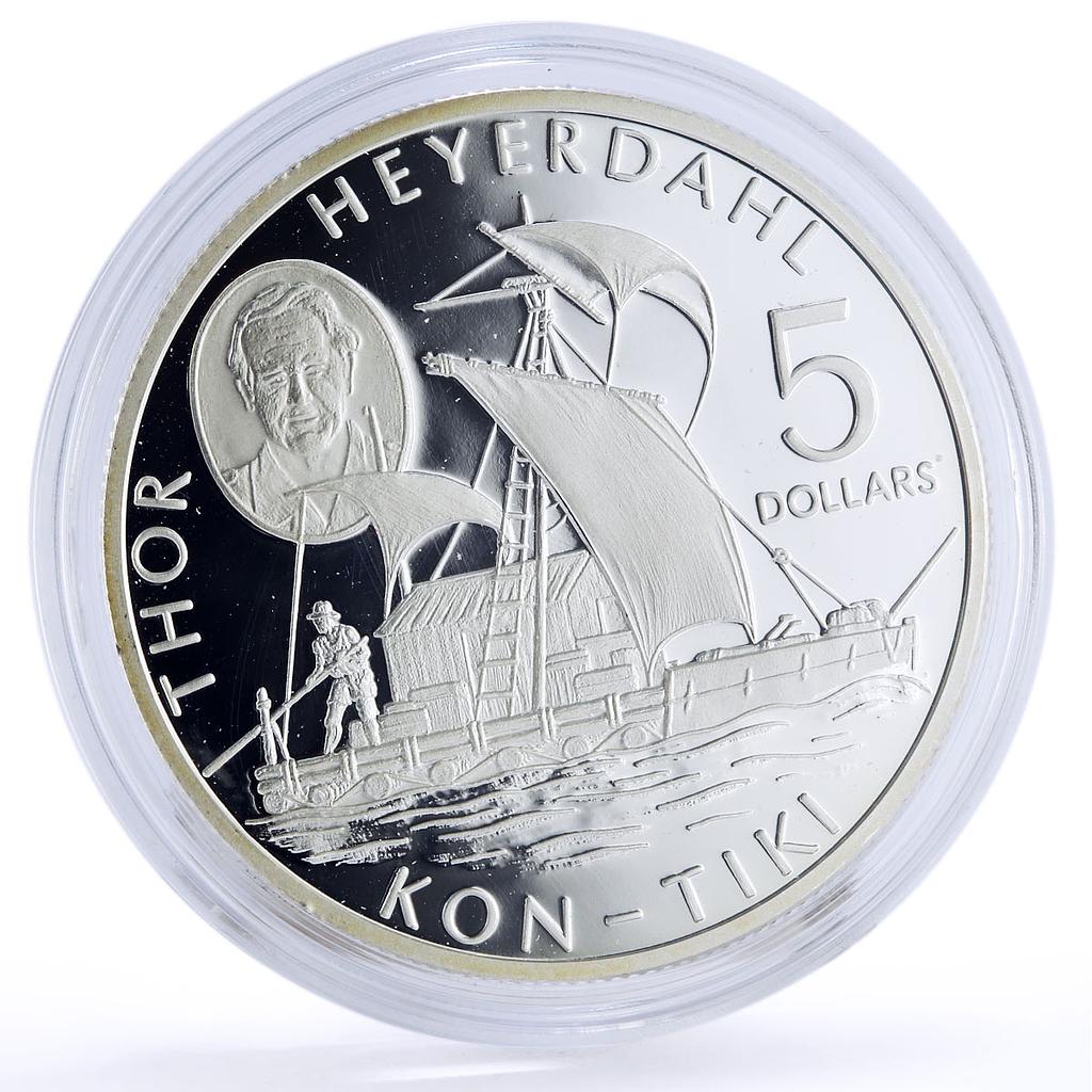 Cook Islands 5 dollars Seafaring Ship Kon Tiki Heyerdahl proof silver coin 2002
