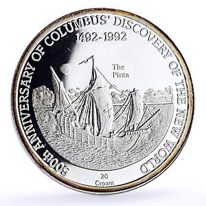 Turks and Caicos Islands 20 crowns Columbus Discover Pinta Ship silver coin 1989