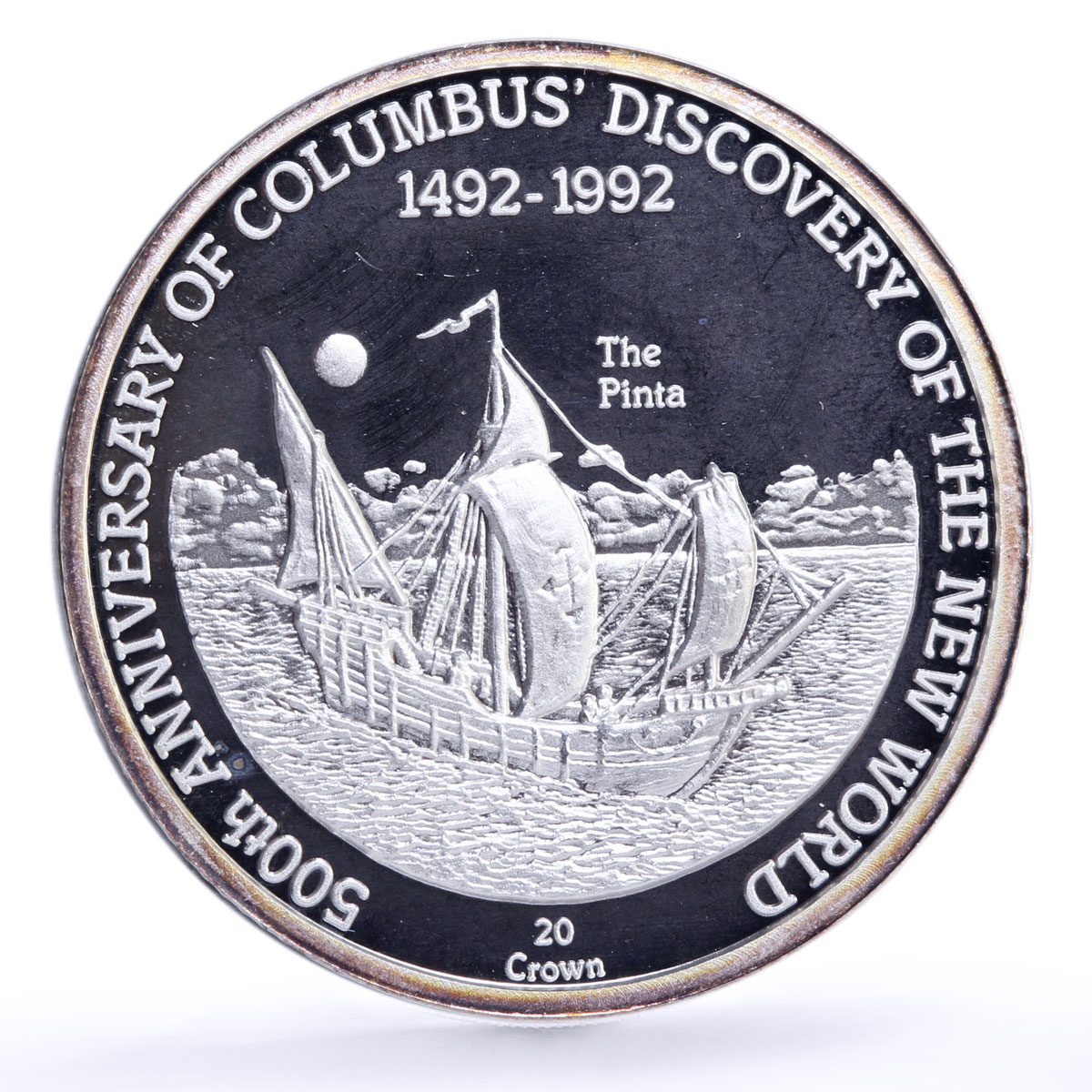 Turks and Caicos Islands 20 crowns Columbus Discover Pinta Ship silver coin 1989