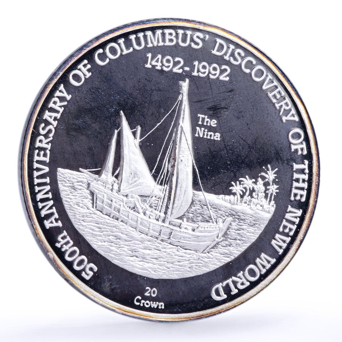 Turks and Caicos Islands 20 crowns Columbus Discover Nina Ship silver coin 1989