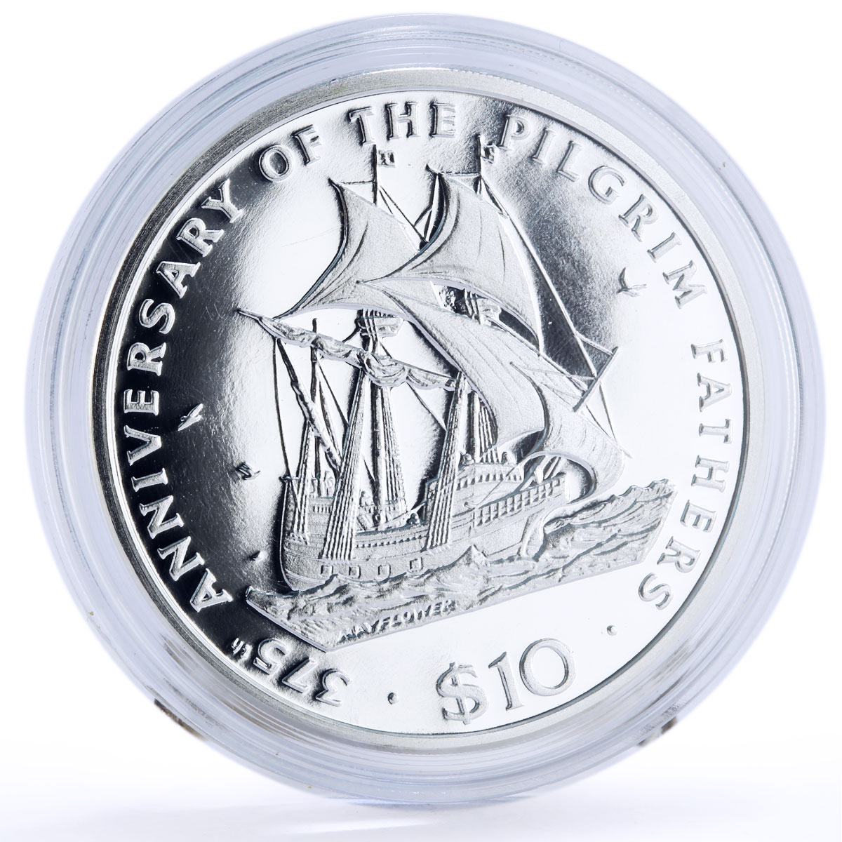 Liberia 10 dollars Seafaring Mayflower Ship Piligrim Fathers silver coin 1995