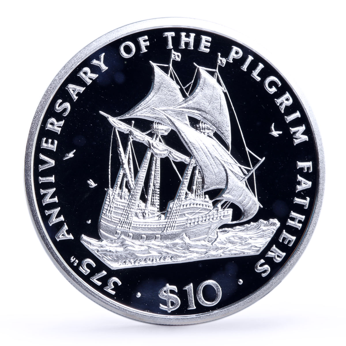 Liberia 10 dollars Seafaring Mayflower Ship Piligrim Fathers silver coin 1995