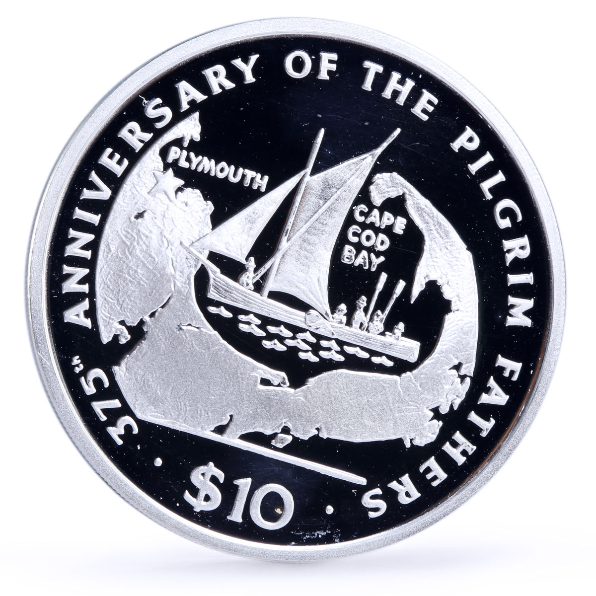 Liberia 10 dollars Seafaring Boat Ship Clipper Piligrim Fathers silver coin 1995