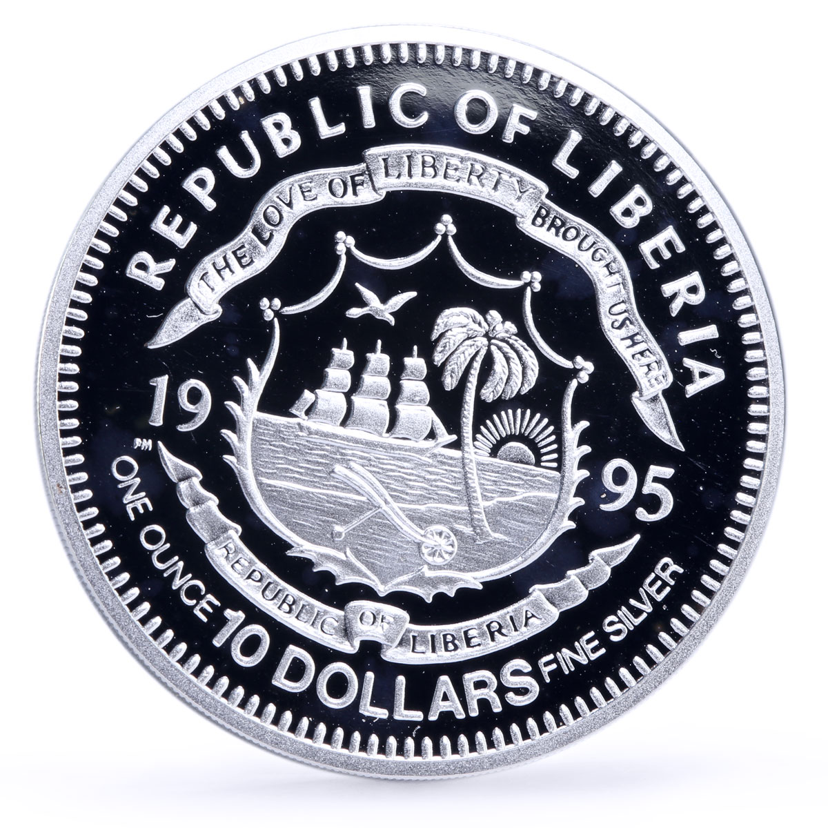 Liberia 10 dollars Seafaring Boat Ship Clipper Piligrim Fathers silver coin 1995