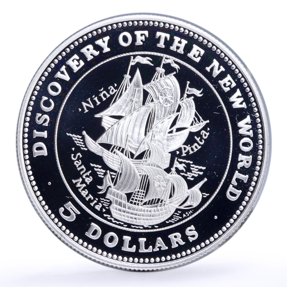 Bahamas 5 dollars Nina Santa Pinta Maria Ships Clippers proof silver coin 1992