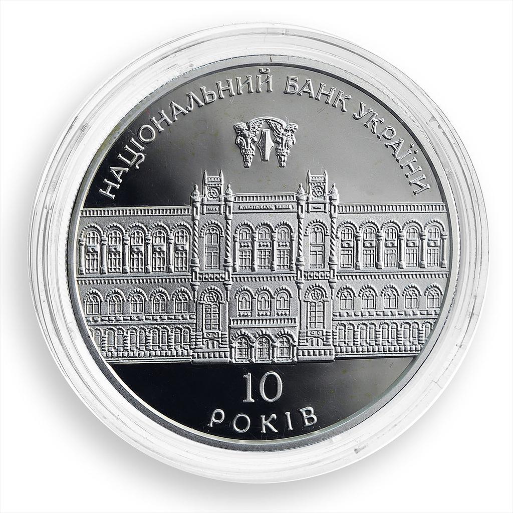 Ukraine 10 hryvnia 10 Years of National Bank silver proof coin 2001