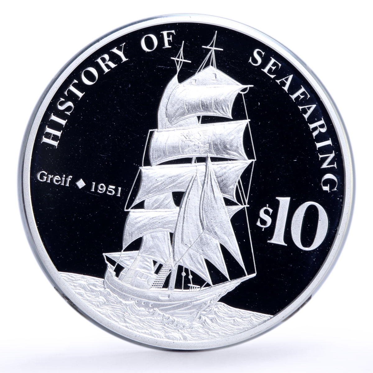 Nauru 10 dollars Seafaring Greif 1951 Ship Clipper proof silver coin 2008