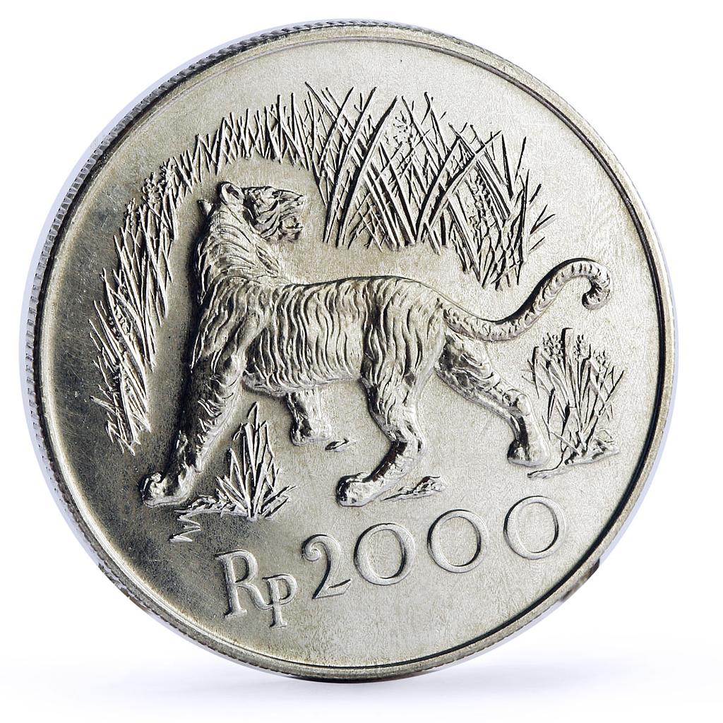 Indonesia 2000 rupiah Conservation Wildlife Javan Tiger Fauna silver coin 1974