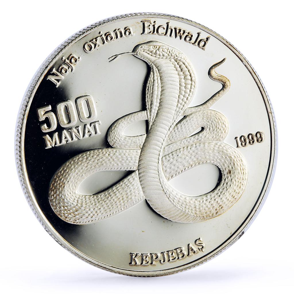 Turkmenistan 500 manat Red Book Wildlife Cobra Snake Fauna silver coin 1999