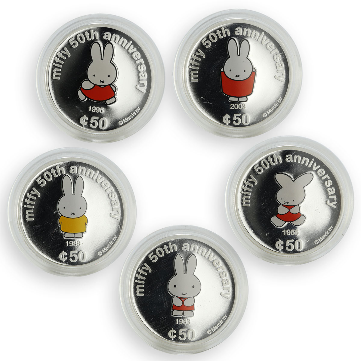 Cook Islands set 5 coins 50th Anniversary Miffy colored proof silver 2005