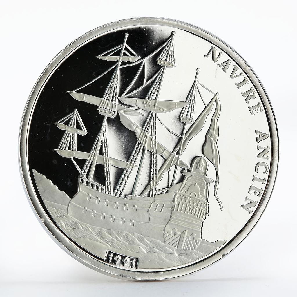 Congo 500 francs Ship Navire Ancien proof silver coin 1991