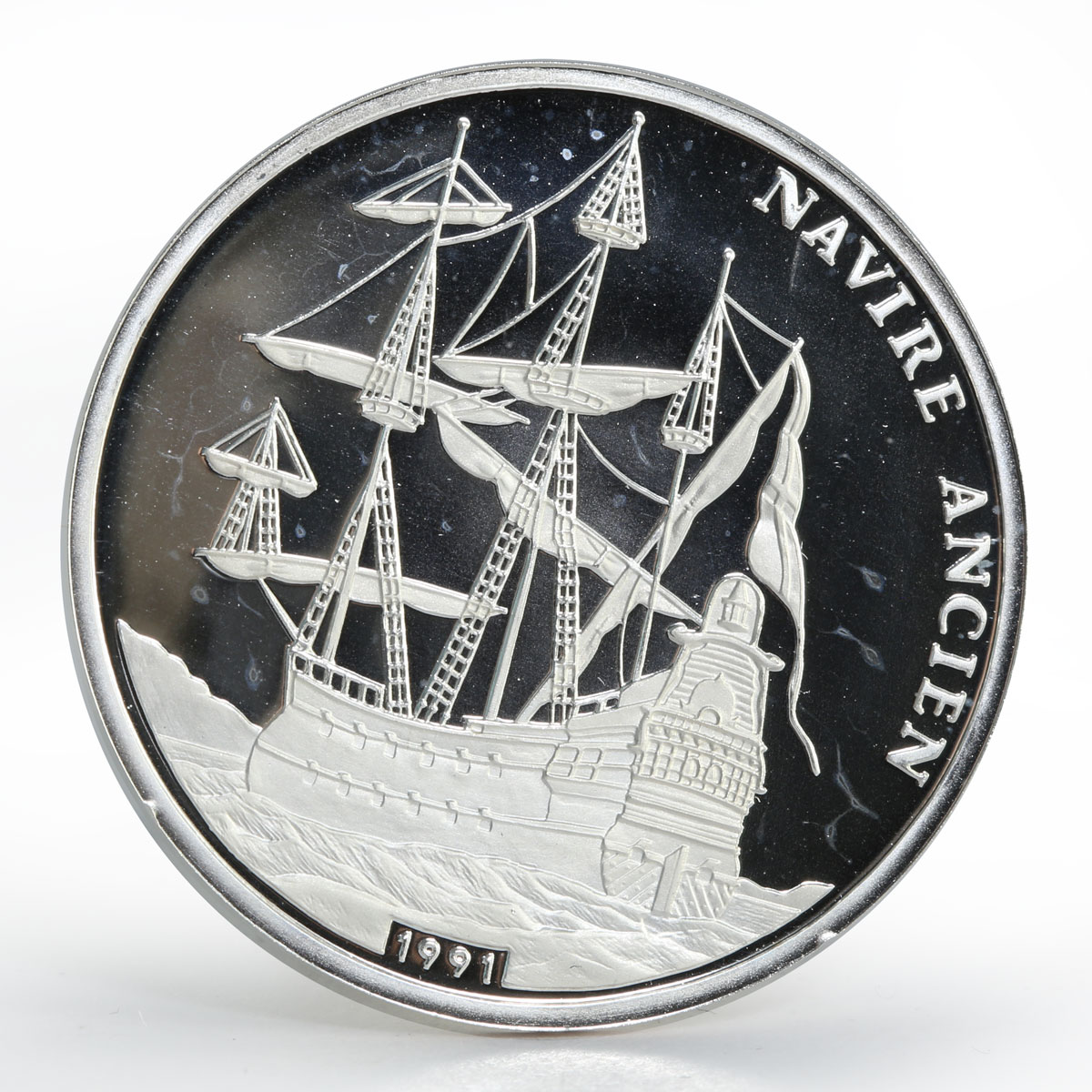 Congo 500 francs Ship Navire Ancien proof silver coin 1991