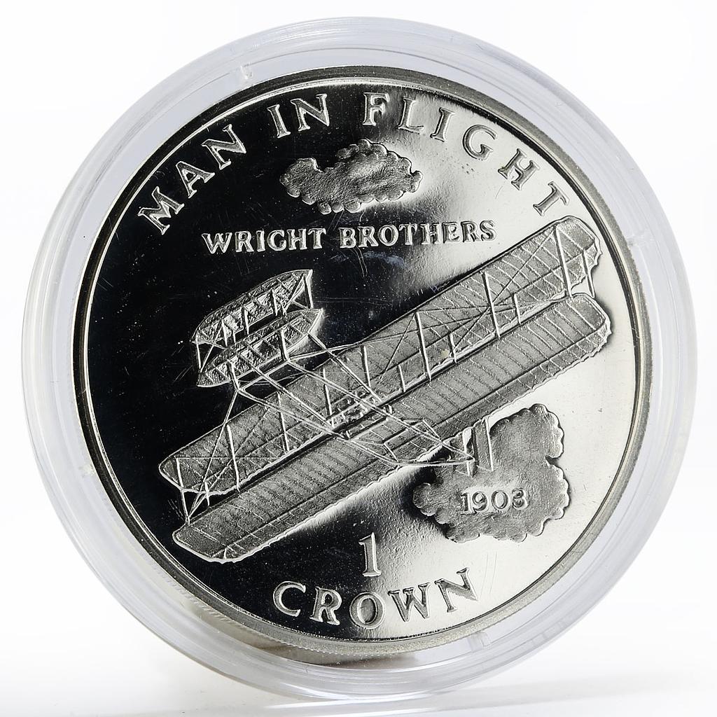 Isle of Man 1 crown Aircraft Man in Flight Wright Brothers proof silver coin1995