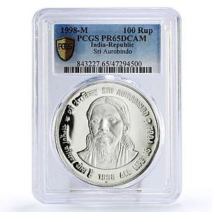 India 100 rupee Philosopher Poet Sri Aurobindo Literature PR65 PCGS Ag coin 1998