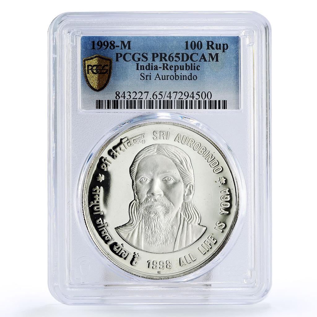 India 100 rupee Philosopher Poet Sri Aurobindo Literature PR65 PCGS Ag coin 1998