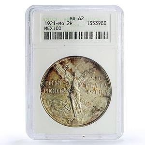 Mexico 2 pesos Libertad Angel of Independence MS62 ANACS silver coin 1921