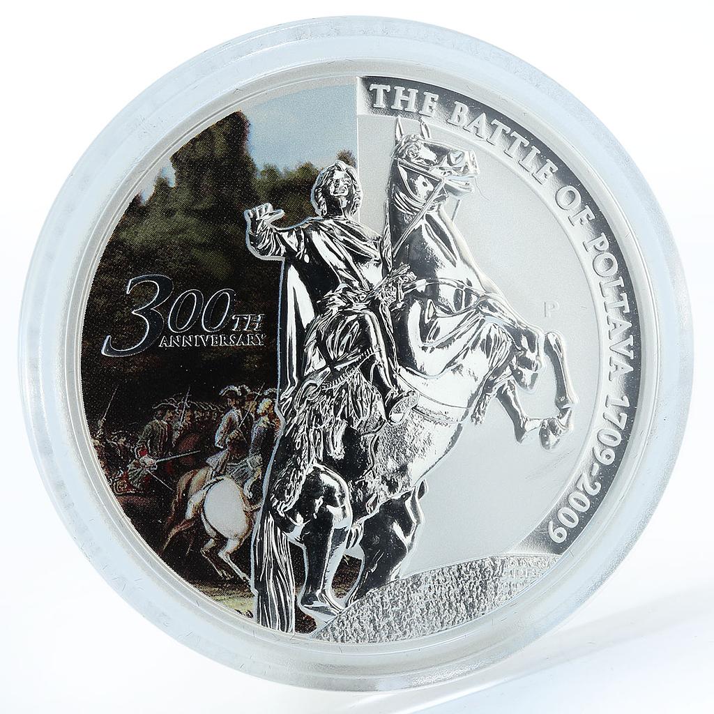 Tuvalu 1 dollar Battle of Poltava Peter I Horseman colored silver coin 2009