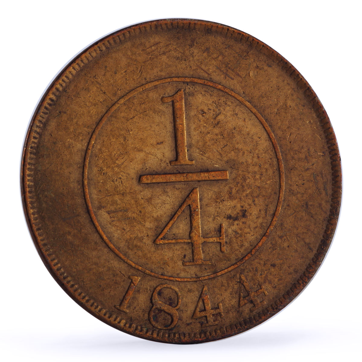 Dominican Republic 1/4 real State Coinage Coat of Arms KM-1 bronze coin 1844