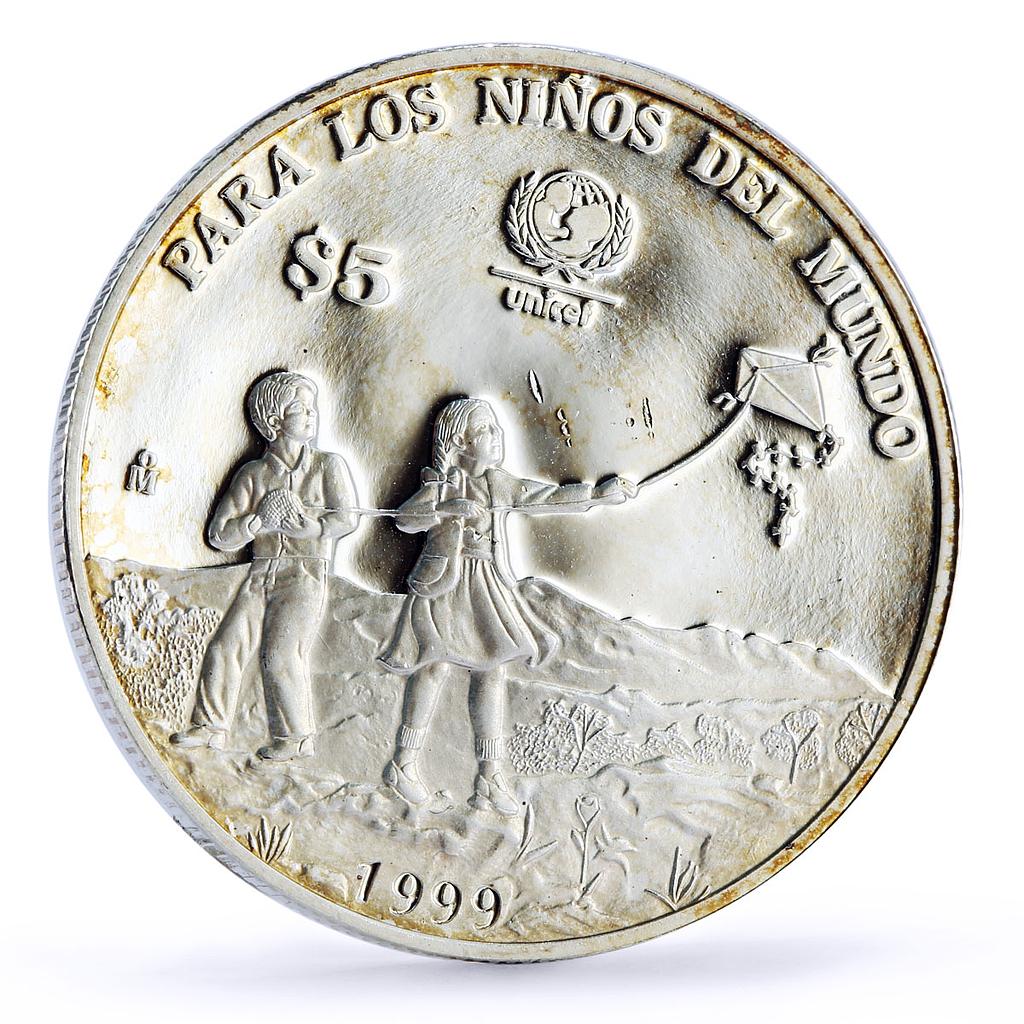 Mexico 5 pesos UNICEF Year of the Child Children Playing Kite silver coin 1999