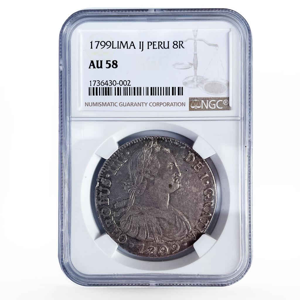 Peru 8 reales Colonial Coinage Carlos IV Coat of Arms AU58 NGC silver coin 1799 Peru 8 reales Colonial Coinage Carlos IV Coat of Arms AU58 NGC silver coin 1799