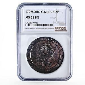 Britain 2 pence State Coinage George III Coat of Arms MS61 NGC copper coin 1797