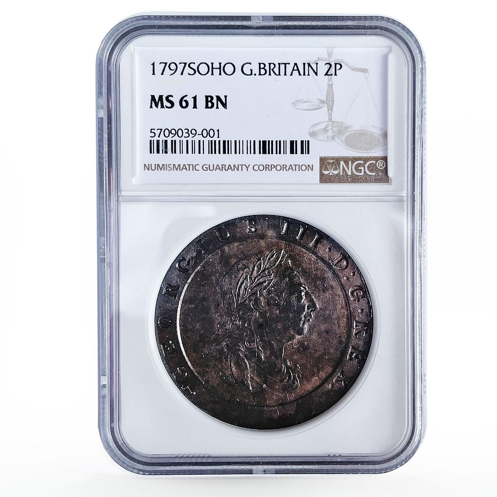 Britain 2 pence State Coinage George III Coat of Arms MS61 NGC copper coin 1797 Britain 2 pence State Coinage George III Coat of Arms MS61 NGC copper coin 1797