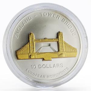Nauru 10 dollars England Tower Bridge silver gilded coin 2005