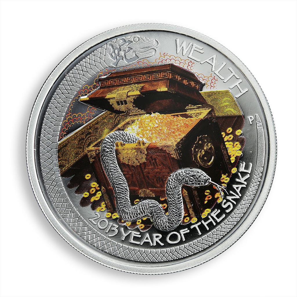 Tuvalu 1 dollar Lunar Calendar Year of the Snake Wealth colored silver coin 2013