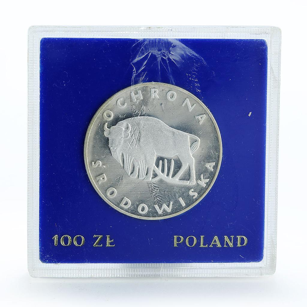 Poland 100 zlotych Protection of  Environment Bison silver coin 1977