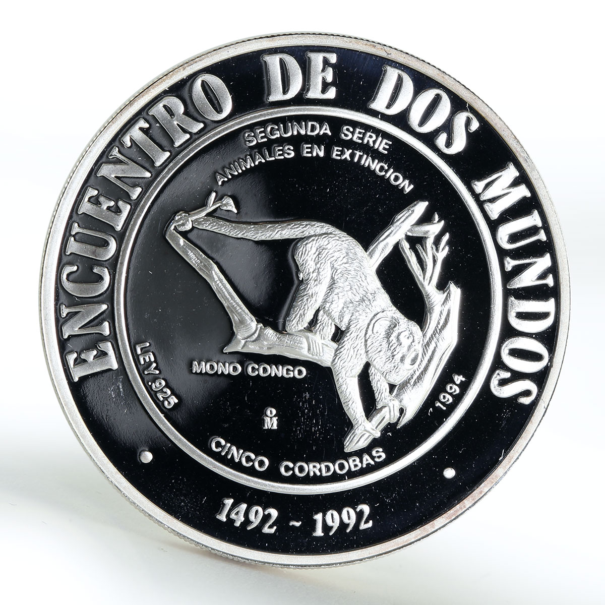 Nicaragua 5 cordobas Wildlife Congo Monkey silver coin 1994