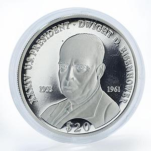 Liberia 20 dollars 34th US President Dwight Eisenhower proof silver coin 2000