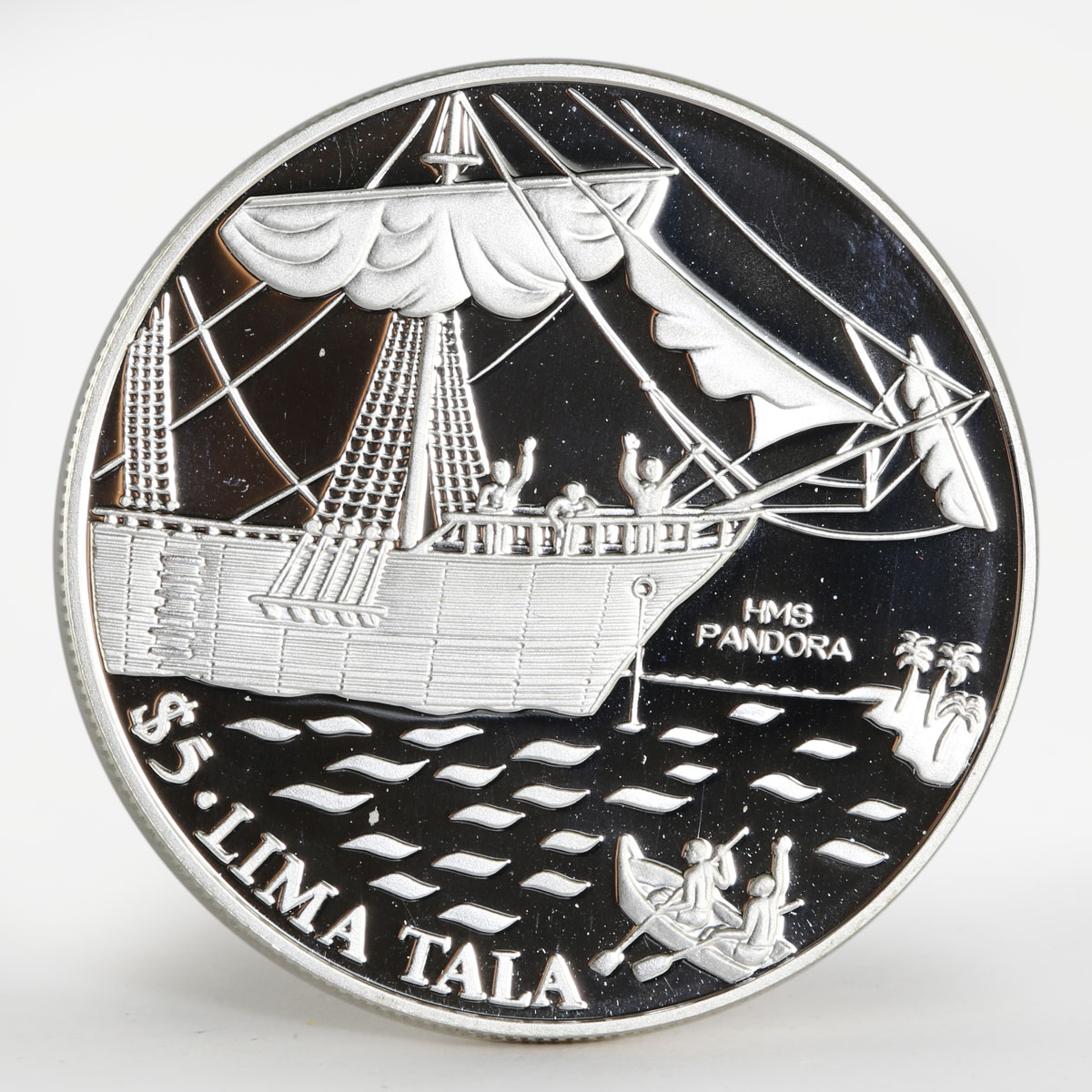 Tokelau 5 tala HMS Pandora Sailing Ship Boat proof silver coin 1993