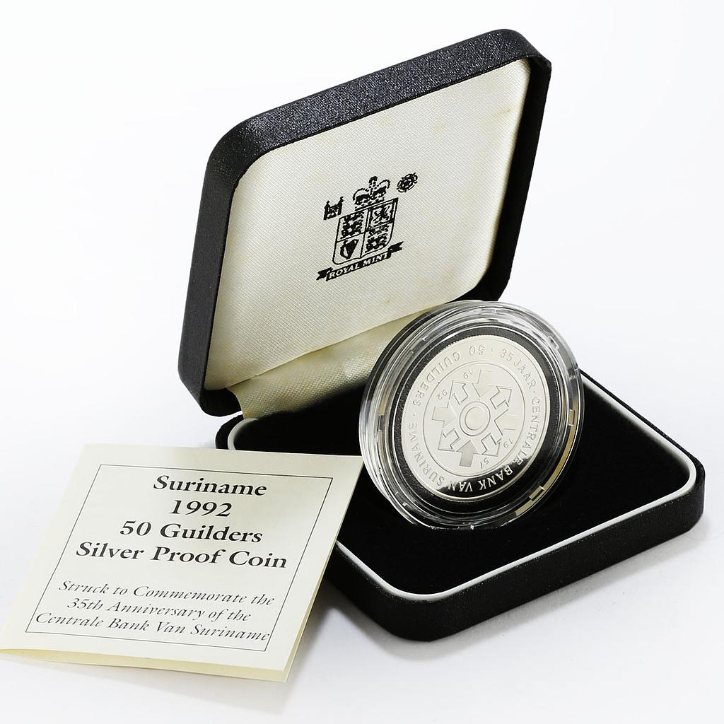 Suriname 50 guilders 35th Anniversary of Centrale Bank proof silver coin 1992