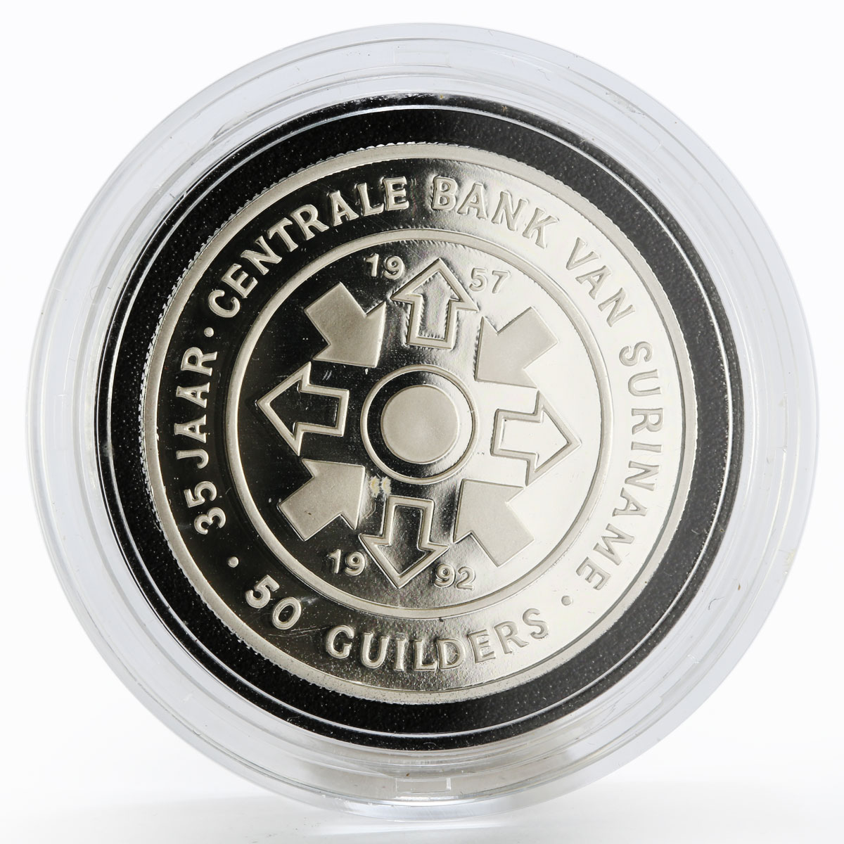 Suriname 50 guilders 35th Anniversary of Centrale Bank proof silver coin 1992