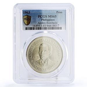 Philippines 1 peso 100 Anniversary Birth Andres Bonifacio MS65 PCGS silver 1963