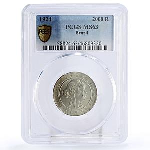 Brazil 2000 reis State Coinage Coat of Arms KM-526 MS63 PCGS silver coin 1924
